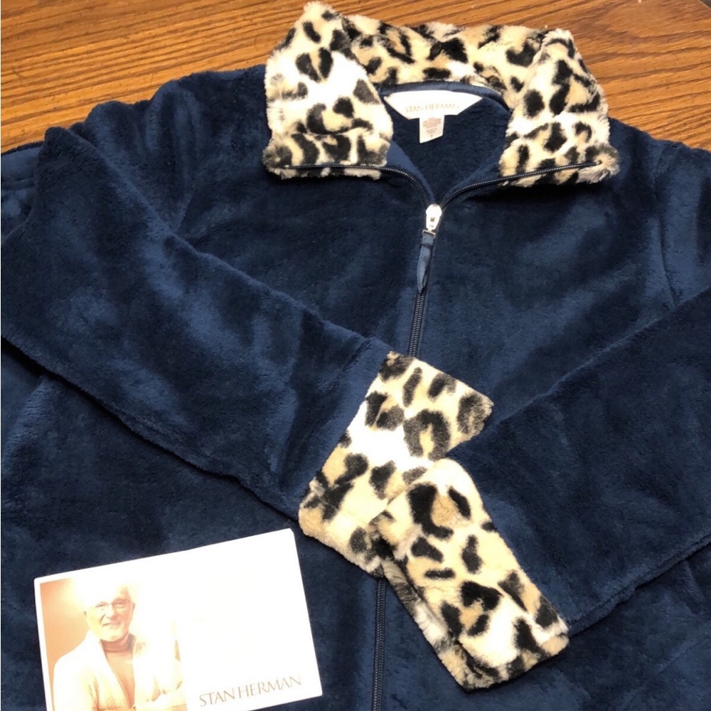 COPY - Stan Herman Plush Zip Robe Faux Fur Trim Tall Navy #258